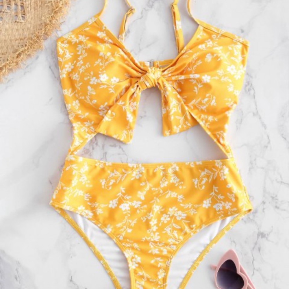 Cut-Out Yellow Floral One-Piece